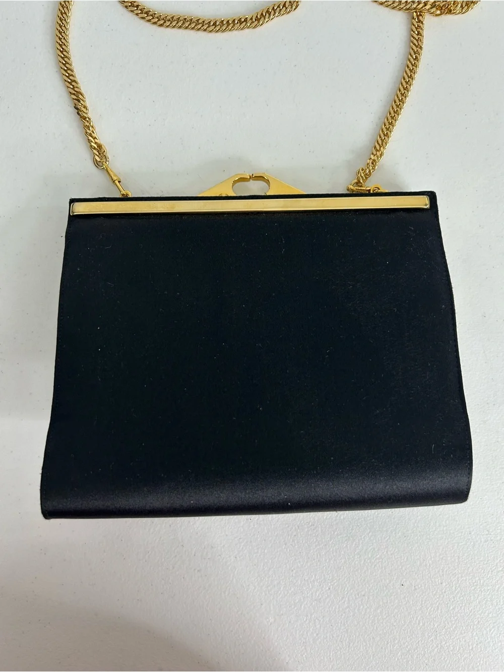 Bally Vintage Black Satin Evening Bag Gold Chain Kiss Lock Clutch Made in Italy